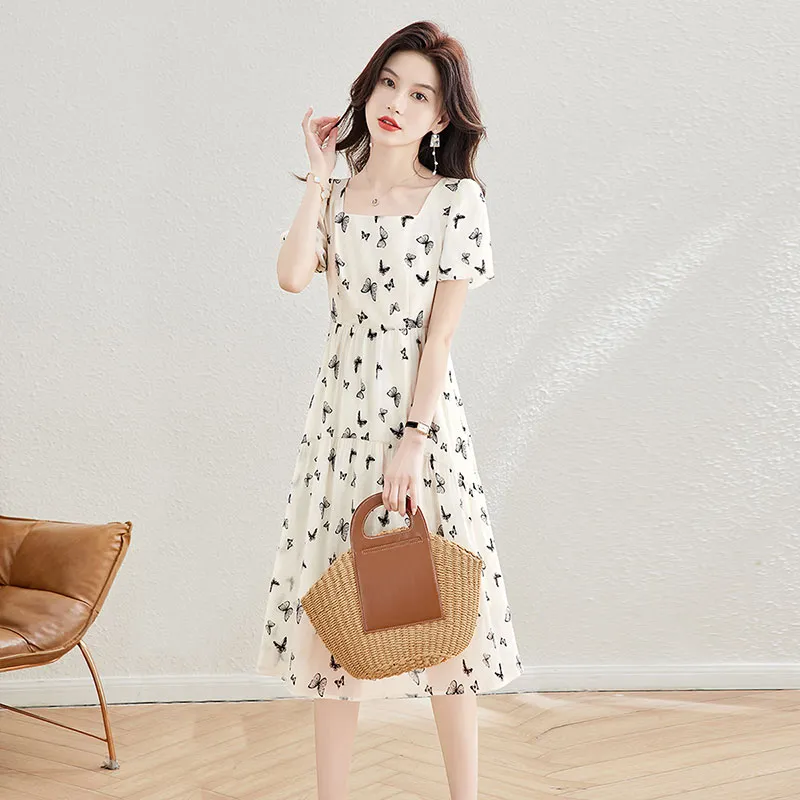 Cypress House Short-Sleeved Dresses Women's Apricot Base With Black Butterfly