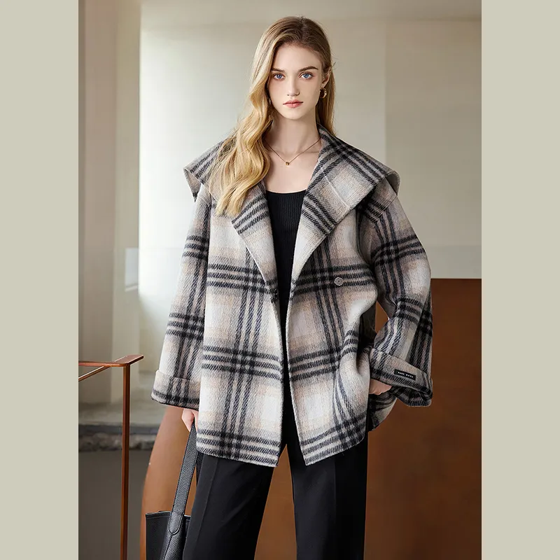 TOUCH Cropped Coats Women's Black Beige Plaid