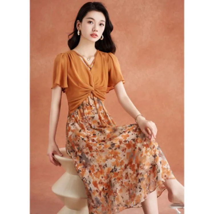 Mylan Short Sleeved Dress Slim Fit Women's Orange Red