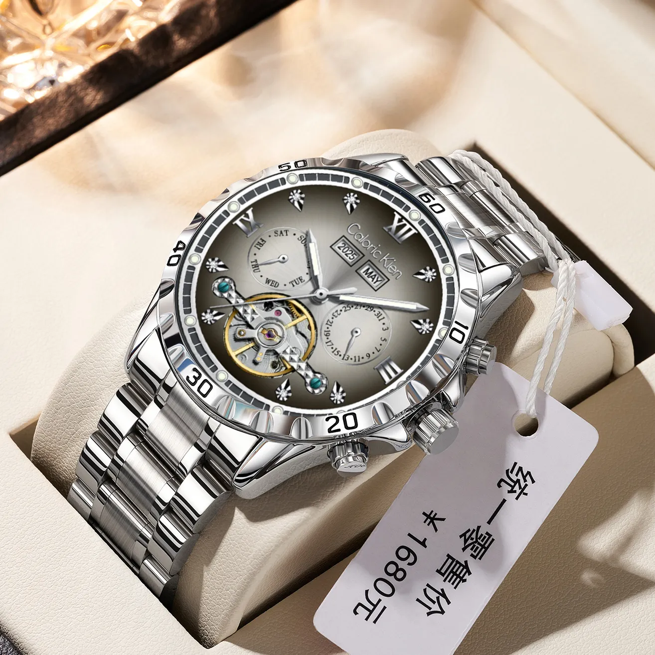 CALORIC KIEN Автоматический Механический Механизм Нержавеющая Сталь Ремешок Часы Мужские Часы Серый Циферблат
