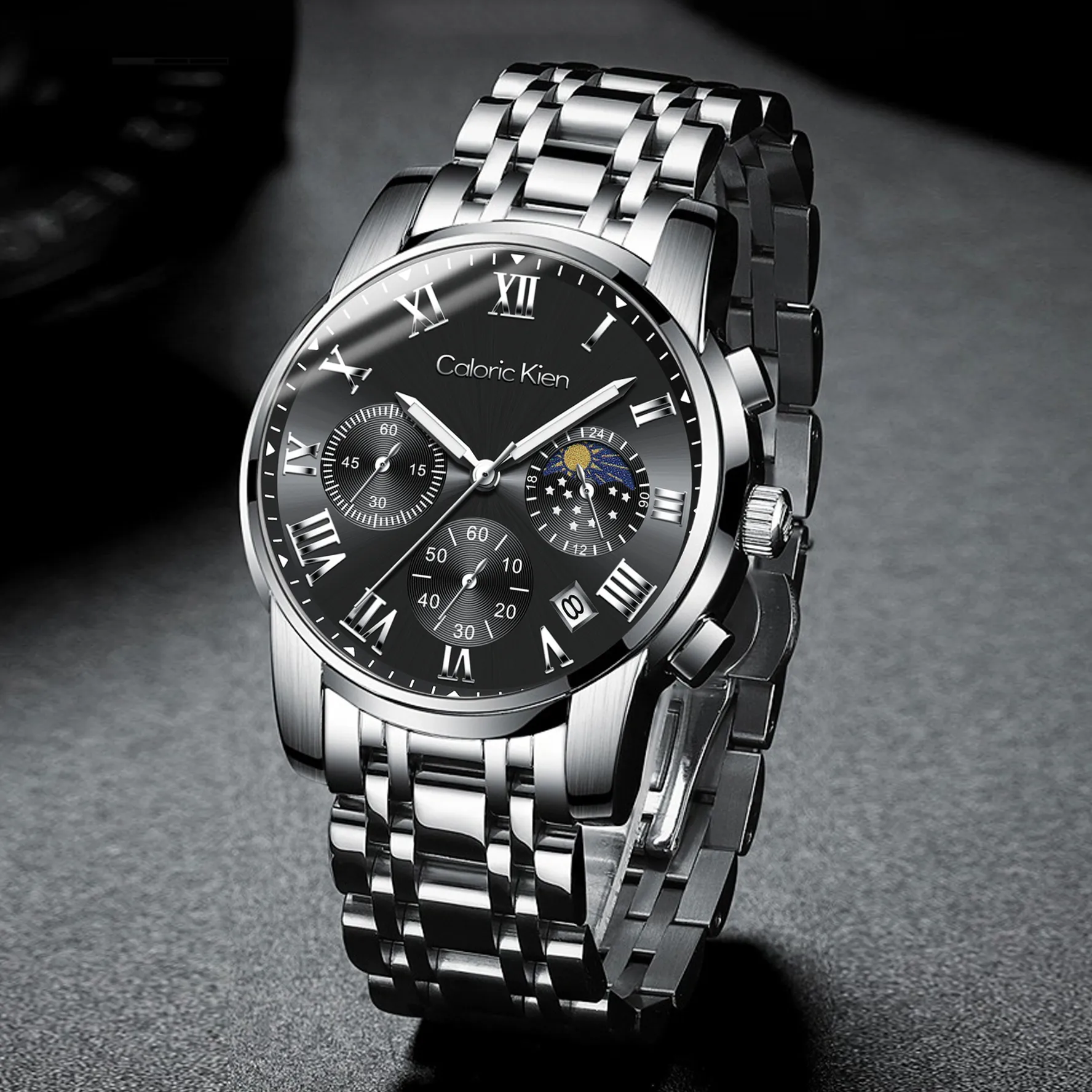 CALORIC KIEN Кварцевый механизм ремешок из нержавеющей стали мужские часы черный циферблат