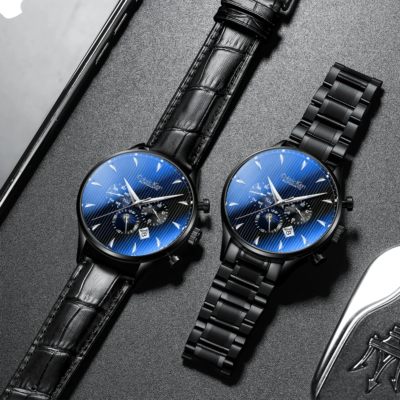 CALORIC KIEN Механический механизм ремешок из нержавеющей стали черный циферблат мужские часы