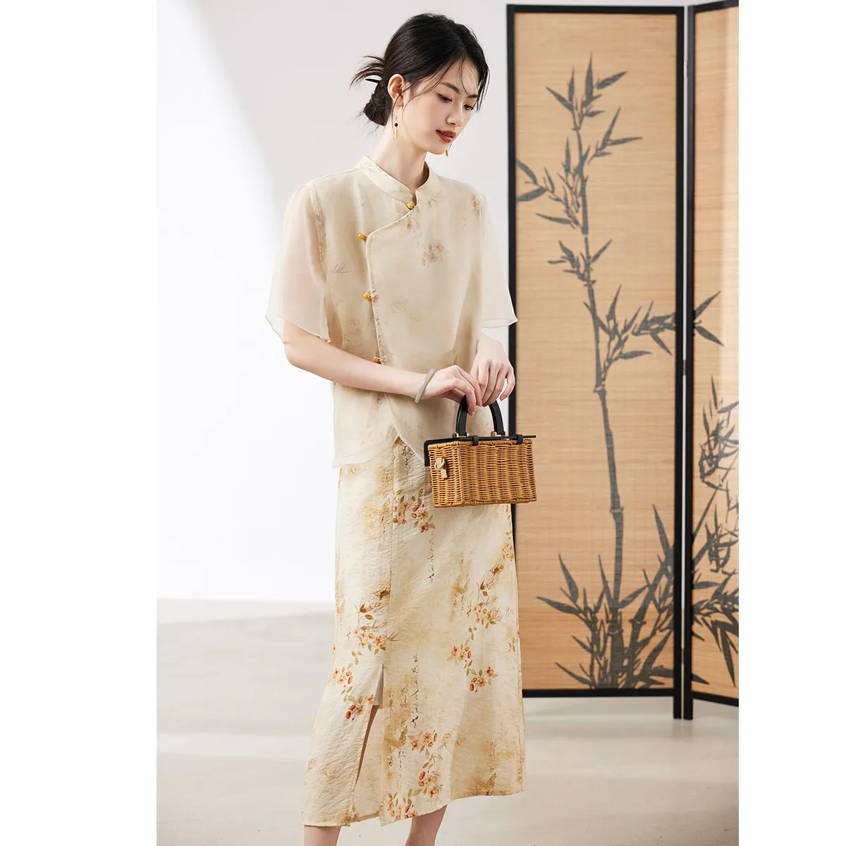XINFEIYU Skirt Set Women's Apricot Blossom Top+Dress