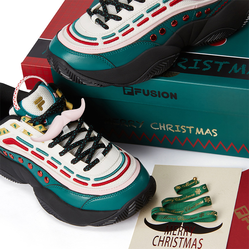 FILA FUSION FIRE XMAS Flame Shoes Versatile Abrasion Resistant Low top Vintage Basketball Shoes Women’s White Green