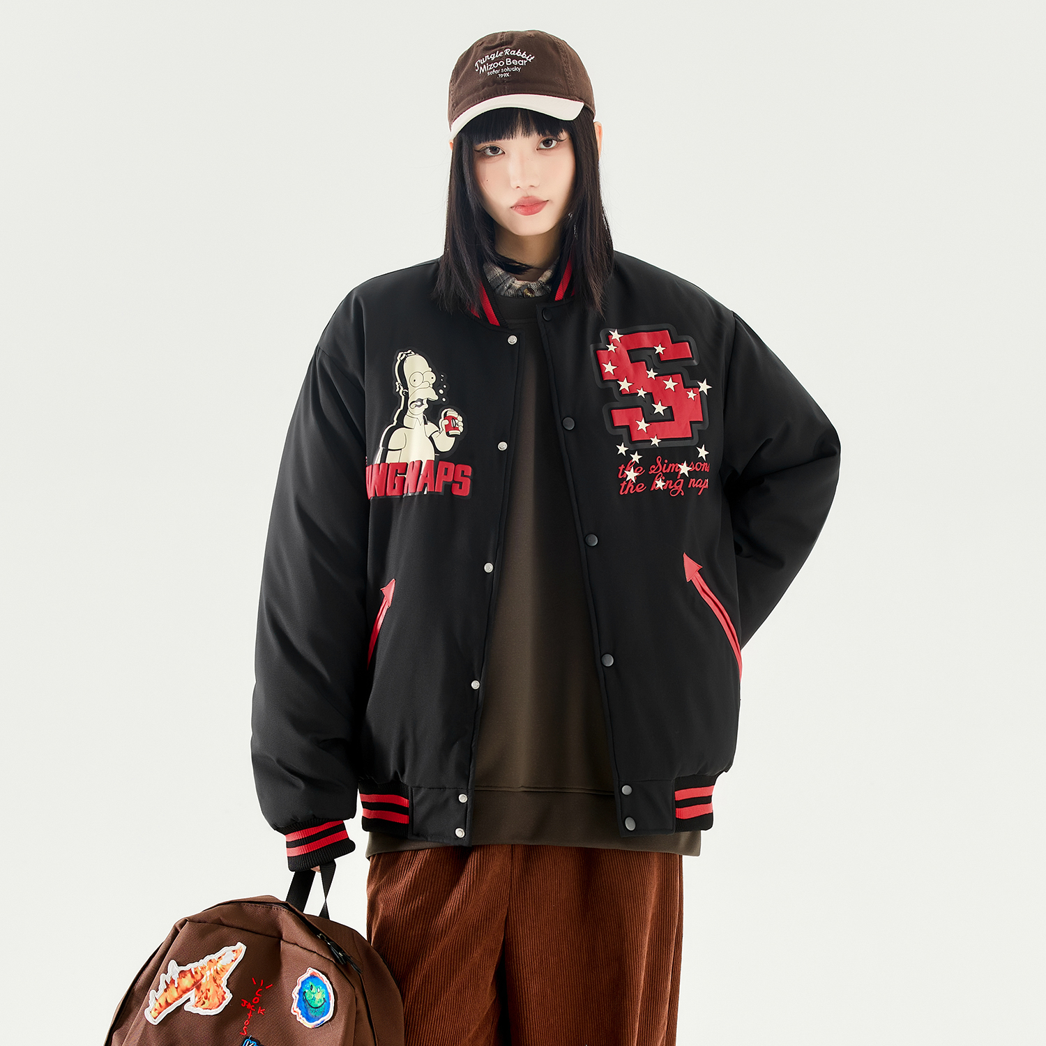 The Simpsons Fun Cartoon Star Pixel College Vintage Letter Foam Print Loose Casual Contrast Stripe Fleece-Lined Thickened Baseball Jacket Cotton Coat Unisex Black