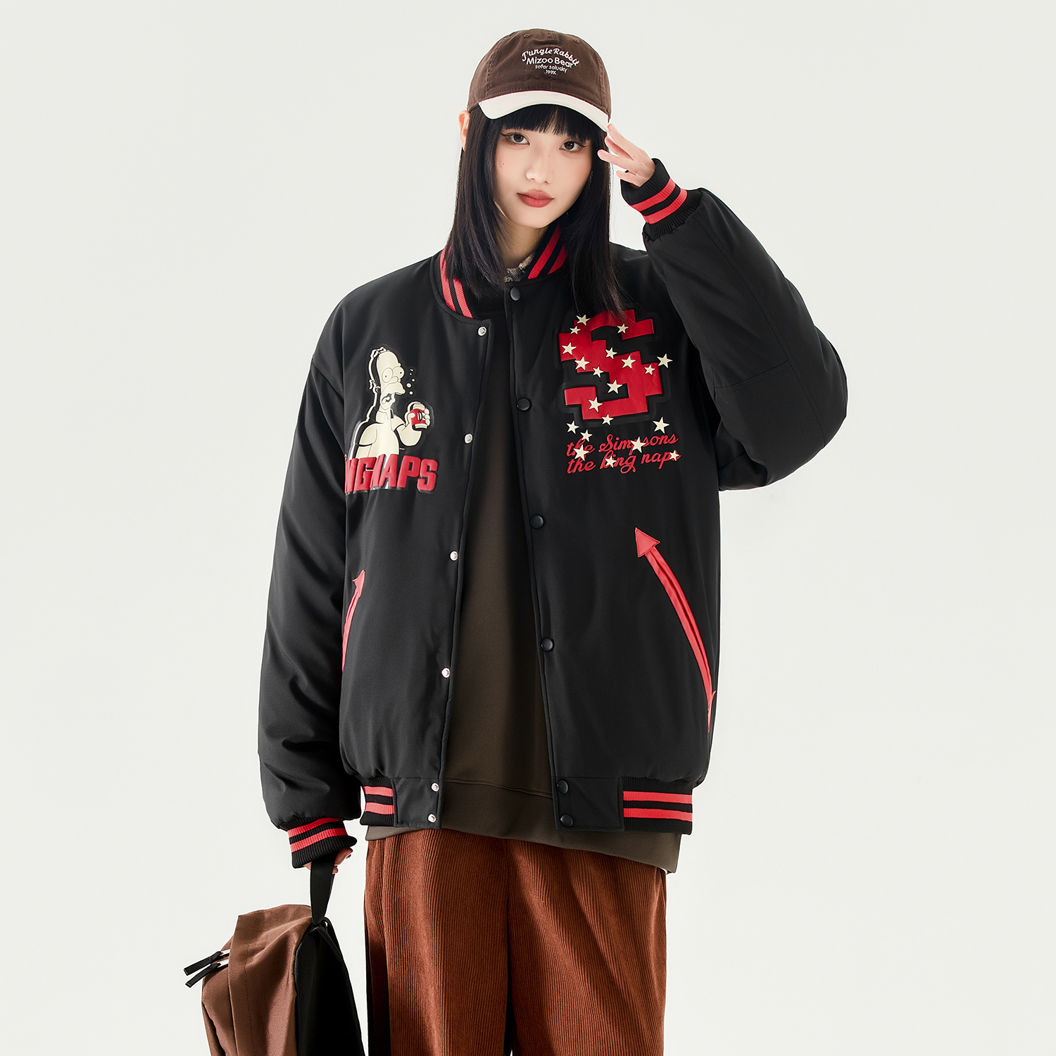 The Simpsons Fun Cartoon Star Pixel College Vintage Letter Foam Print Loose Casual Contrast Stripe Fleece-Lined Thickened Baseball Jacket Cotton Coat Unisex Black