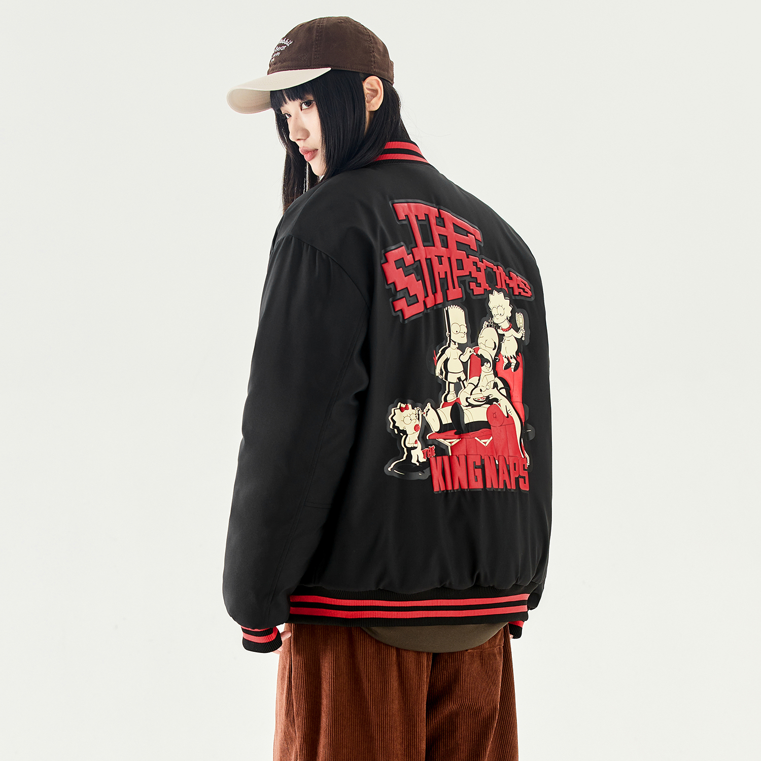 The Simpsons Fun Cartoon Star Pixel College Vintage Letter Foam Print Loose Casual Contrast Stripe Fleece-Lined Thickened Baseball Jacket Cotton Coat Unisex Black