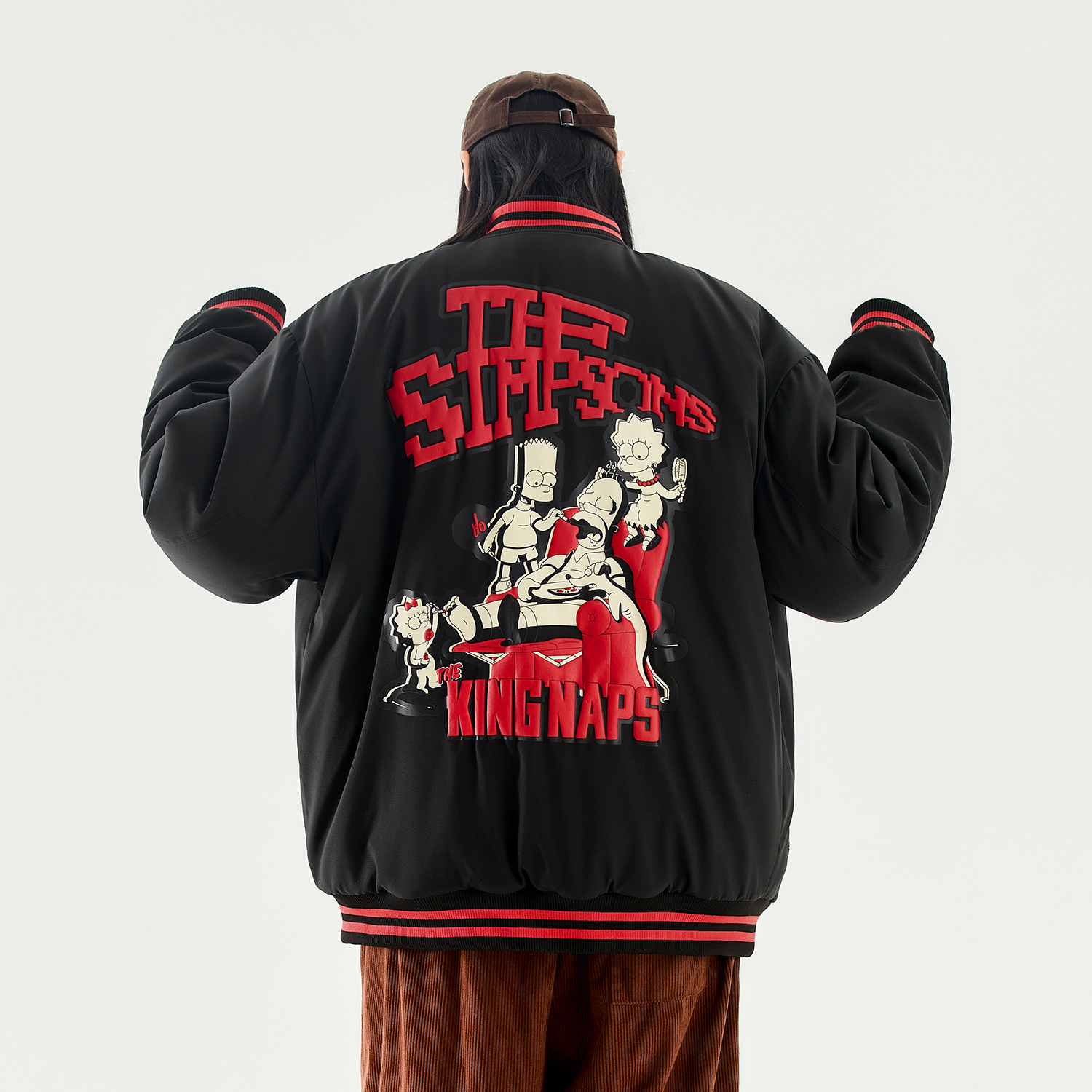 The Simpsons Fun Cartoon Star Pixel College Vintage Letter Foam Print Loose Casual Contrast Stripe Fleece-Lined Thickened Baseball Jacket Cotton Coat Unisex Black