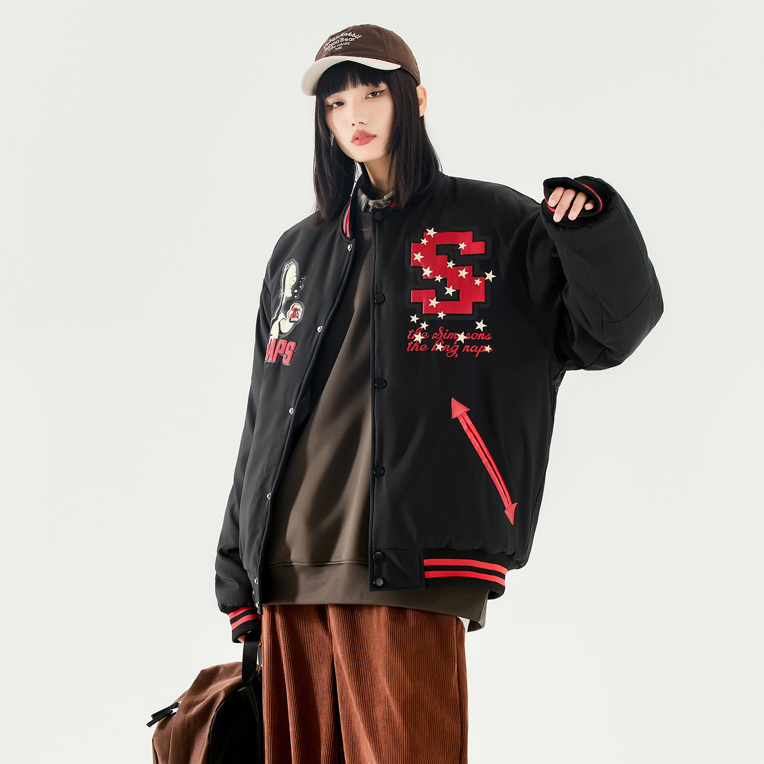 The Simpsons Fun Cartoon Star Pixel College Vintage Letter Foam Print Loose Casual Contrast Stripe Fleece-Lined Thickened Baseball Jacket Cotton Coat Unisex Black