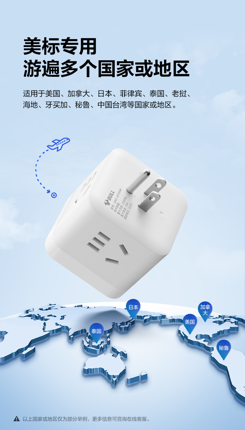 【香港直邮】 BULL 公牛 M10AW美标专用旅行转换器白色1件 境外适用