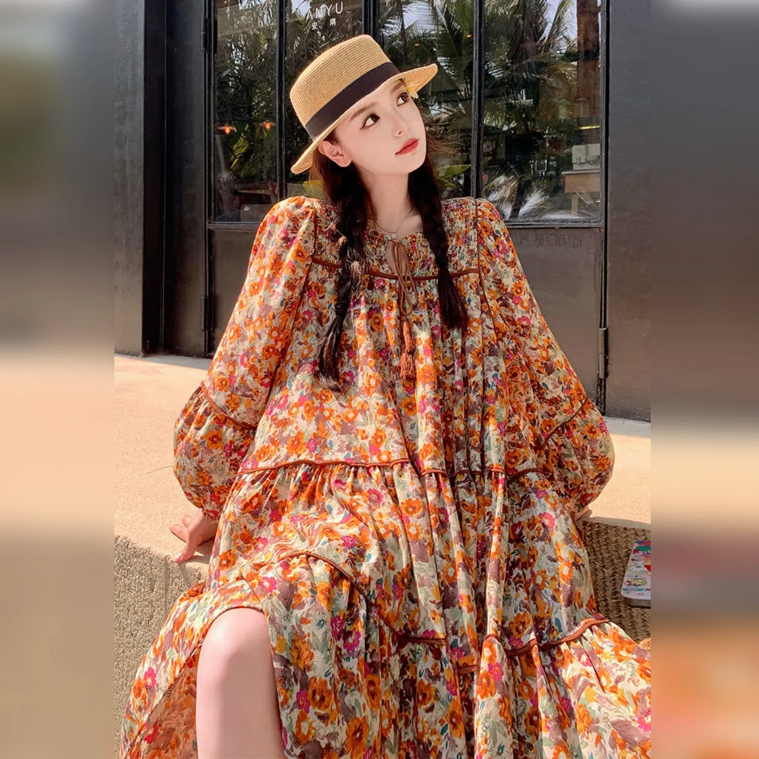 Wbwq Long Sleeved Dress Women's Coffee Floral