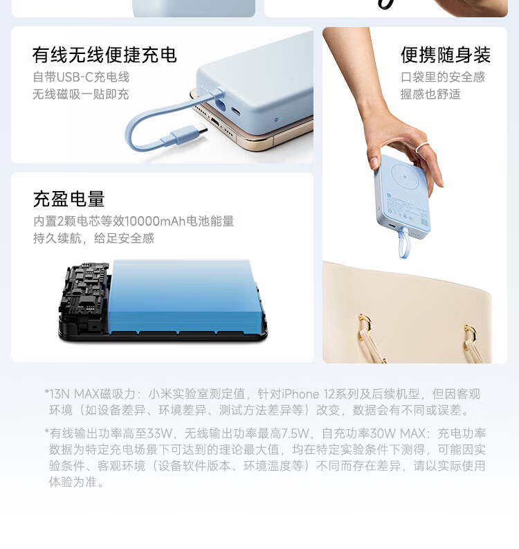 【Expédition directe de Hong Kong】 Batterie externe Xiaomi 33W 10000mAh avec câble intégré, blanc, 1 pièce, autorisée en avion