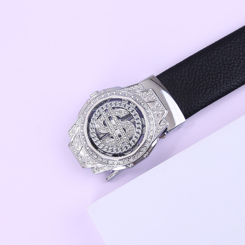 JKEM Men's rotating automatic buckle belt, versatile for business casual with lychee pattern. Made of alloy, unisex design suitable for couples, model 3.2