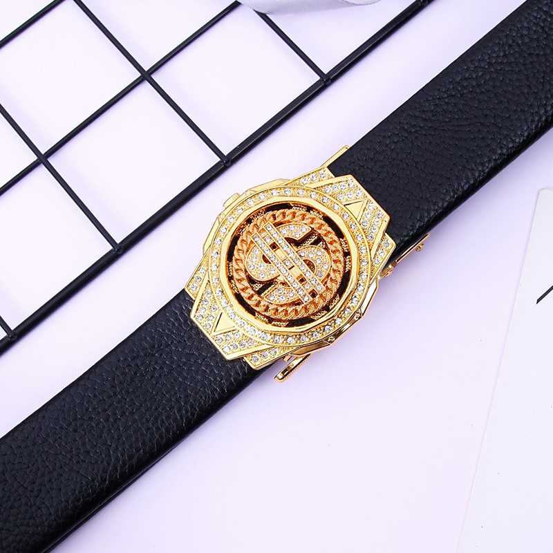 JKEM Men's rotating automatic buckle belt, versatile for business casual with lychee pattern. Made of alloy, unisex design suitable for couples, model 3.2