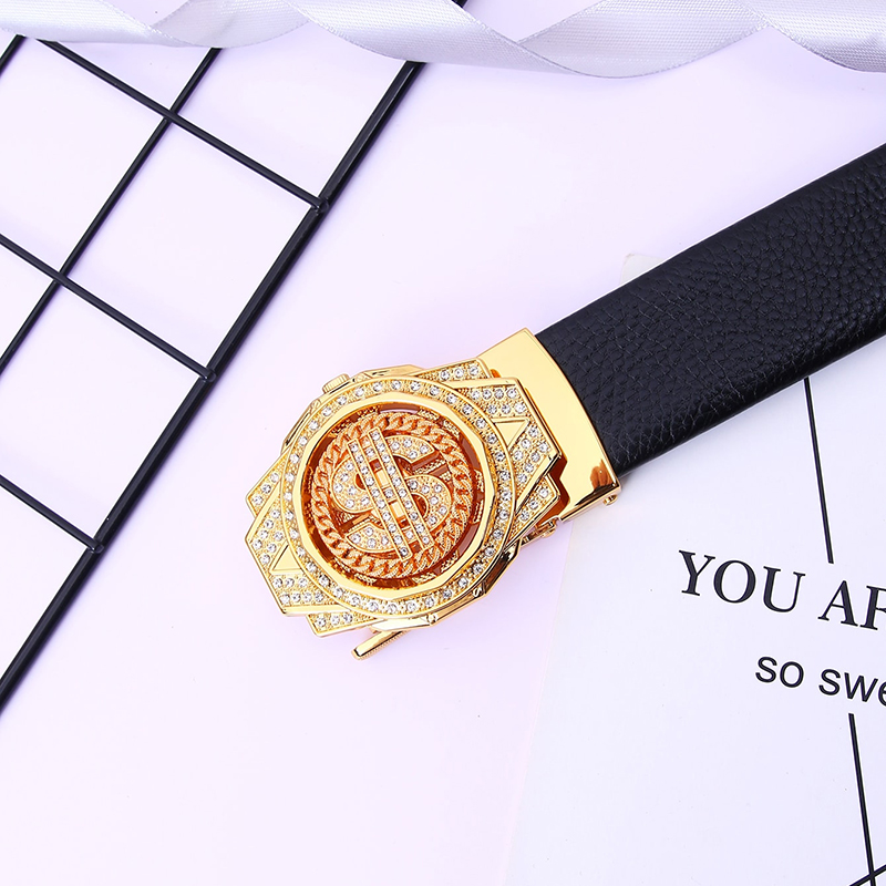 JKEM Men's rotating automatic buckle belt, versatile for business casual with lychee pattern. Made of alloy, unisex design suitable for couples, model 3.2
