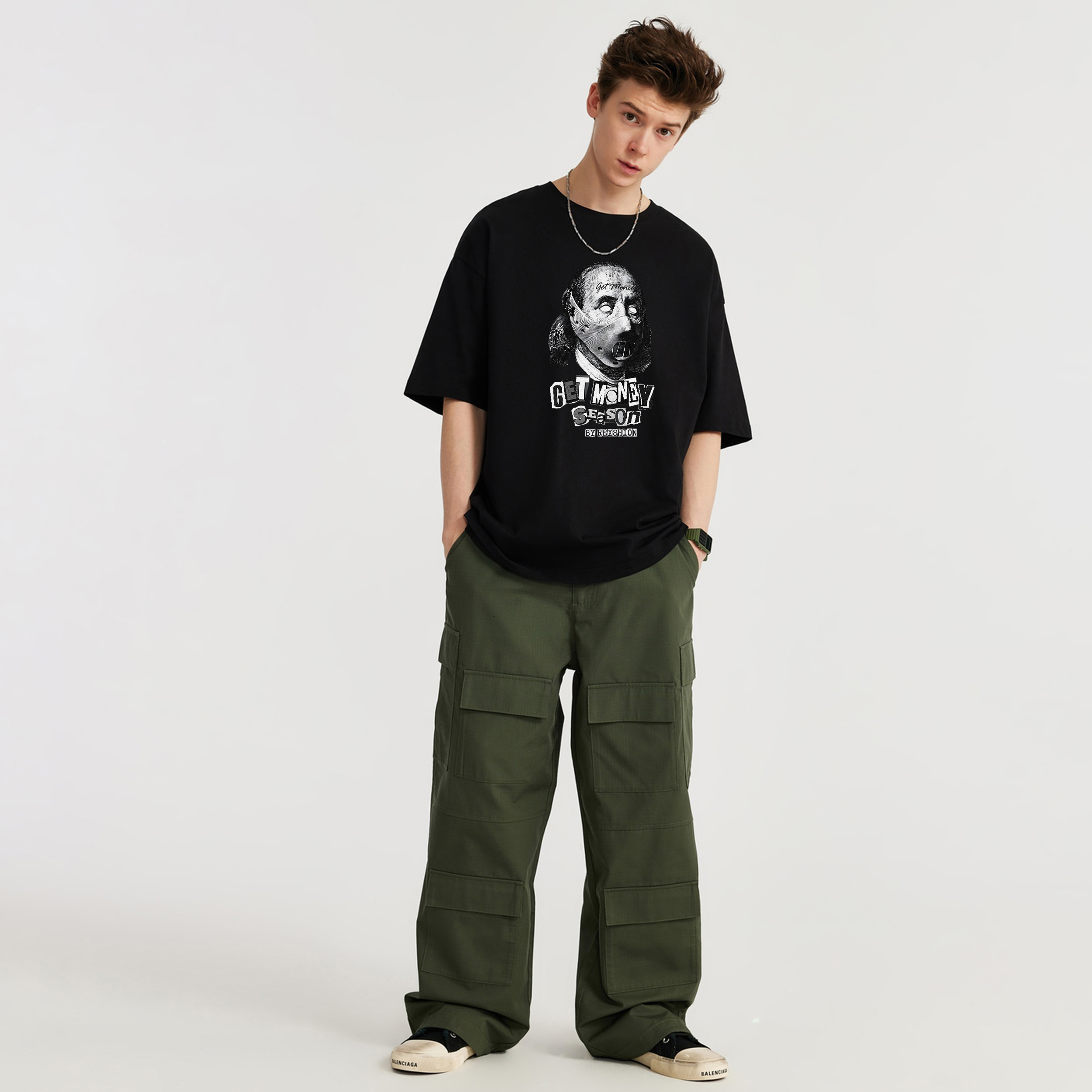 REXSHION American High Street Dark Print Summer Loose Casual Trendy Short Sleeve T-shirt Unisex