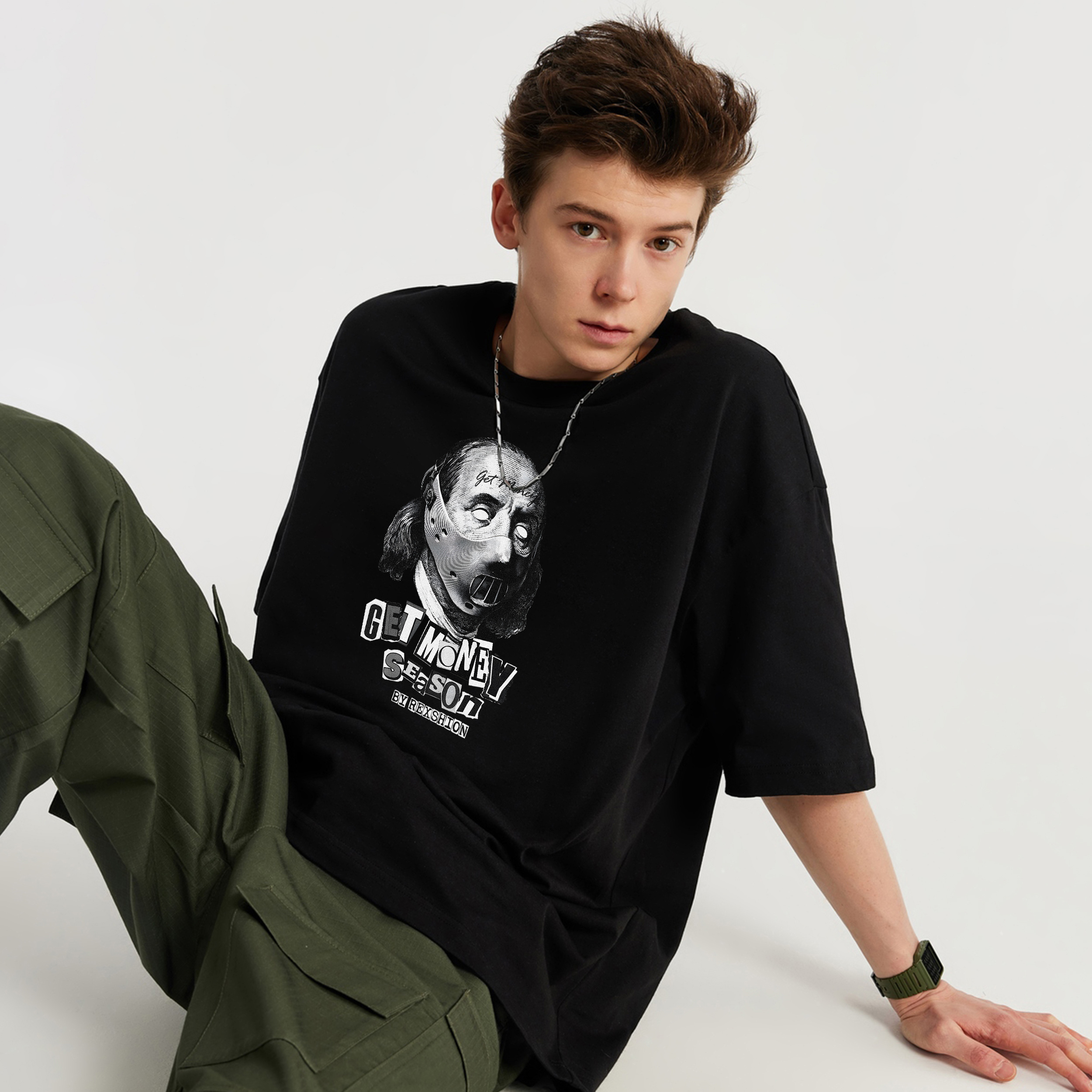 REXSHION American High Street Dark Print Summer Loose Casual Trendy Short Sleeve T-shirt Unisex