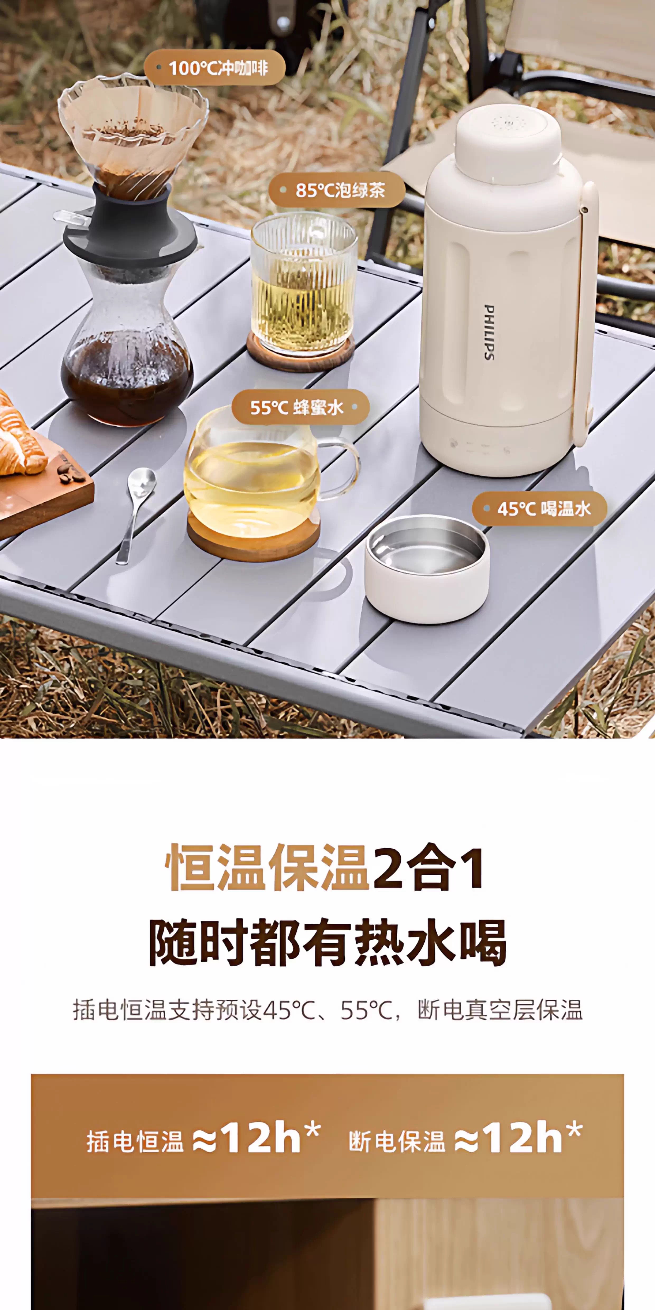 【Hong Kong Direct Mail】 Philips Portable Electric Kettle AWP2765AP 1L Large Capacity Four-Stage Smart Constant Temperature
