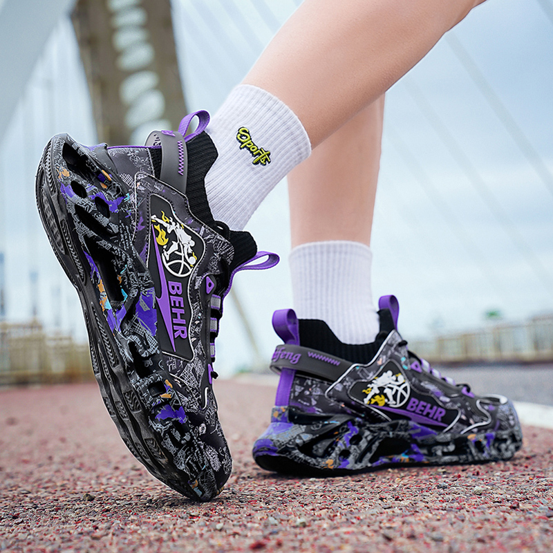 MEKY Cushioning Slip Resistant Abrasion Resistant Breathable Running Shoes Unisex Black Gold Purple