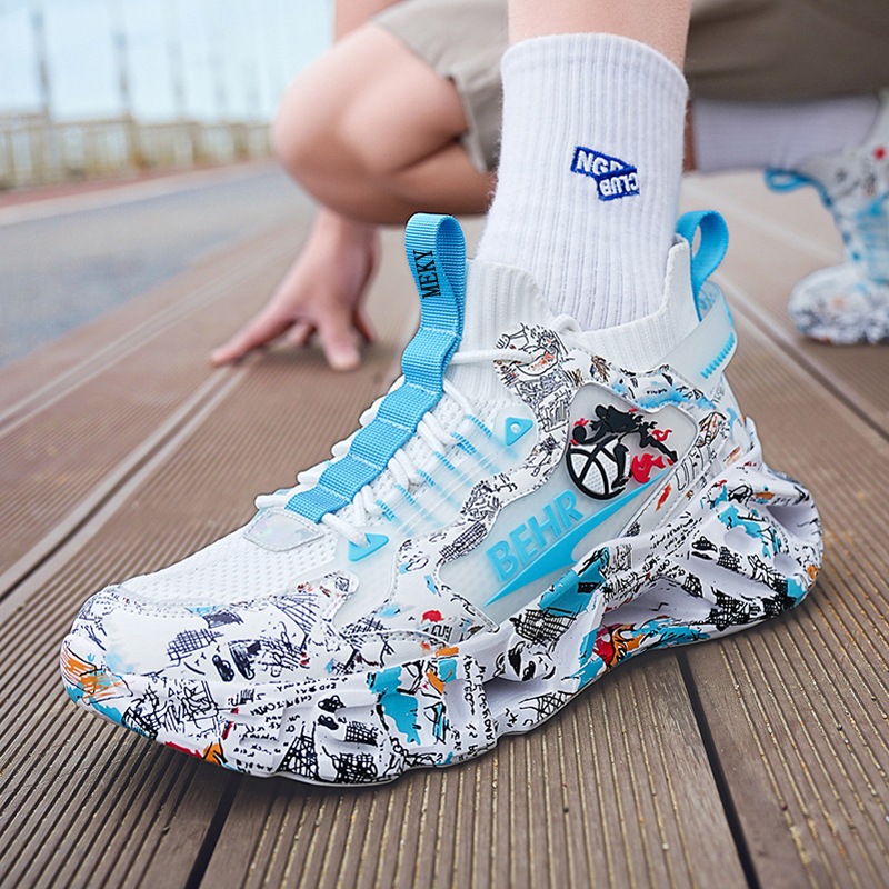 MEKY Cushioning Slip Resistant Abrasion Resistant Breathable Rebound Mid top Running Shoes Unisex White Blue