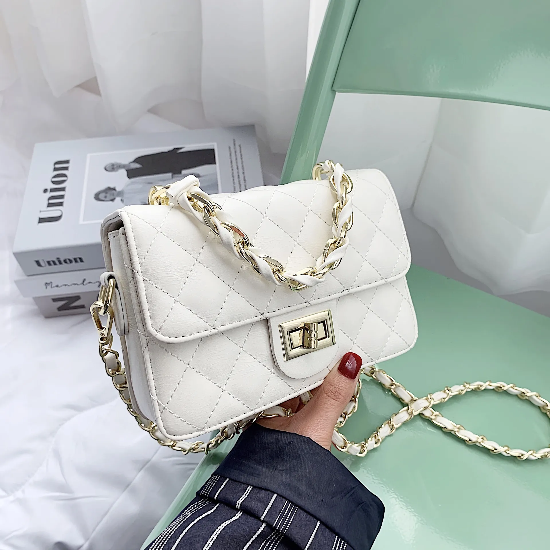 LOUIS ROYALN PU Shoulder Bag, Crossbody Bag Medium Size Women's White/Black