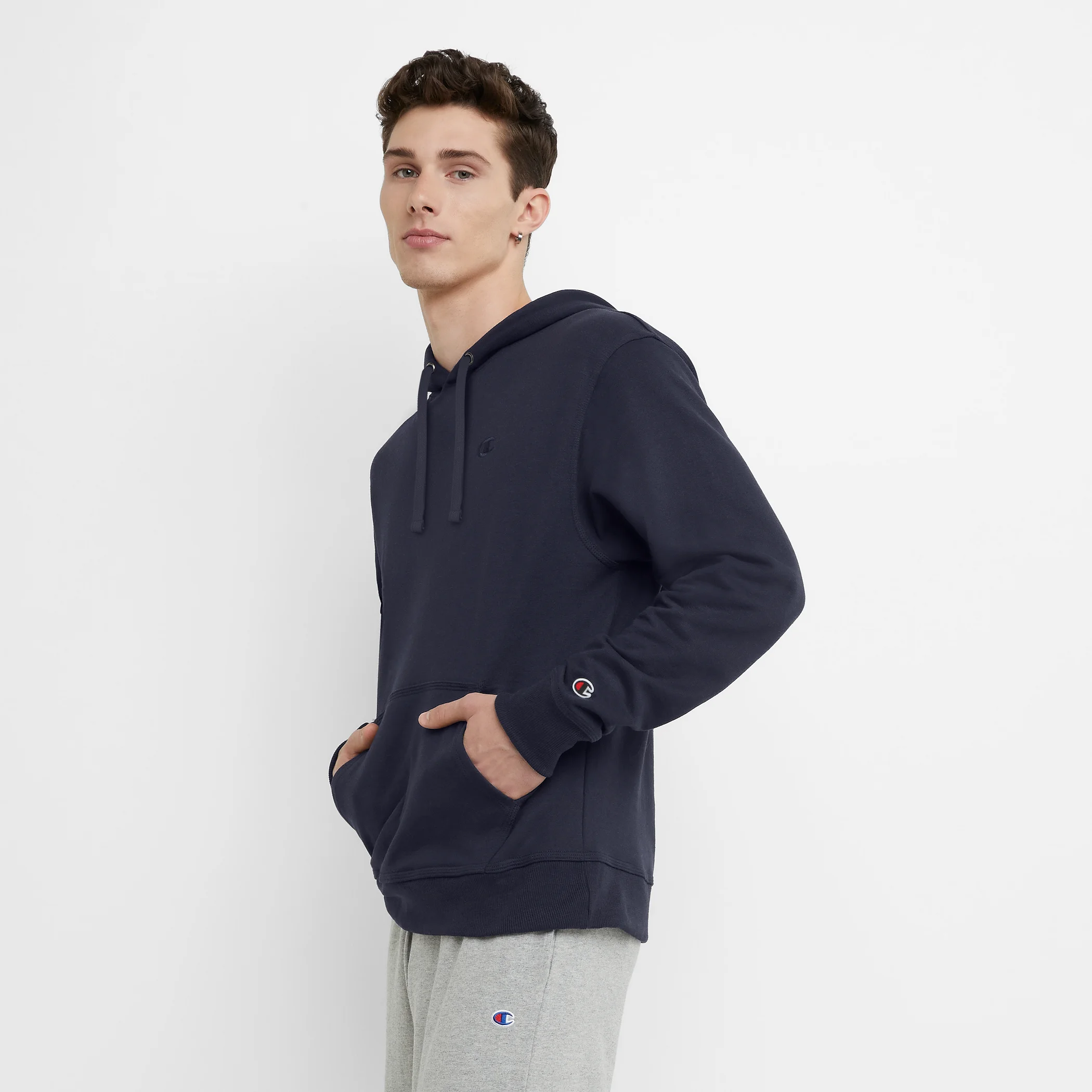 Champion Double Label Embroidery Pullover Sweatshirt Loose Fit Elastic Cuff Fleece Lined Sweatpants Casual Sportswear