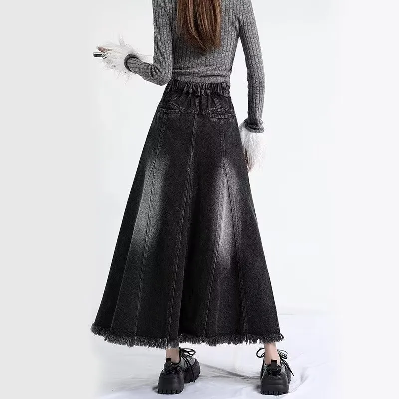 Alxnan Denim Long Skirt Women's Black