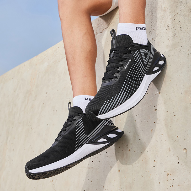 PEAK Textile, Synthetic Leather Cushioning Slip Resistant Breathable Low top Running Shoes Men’s Black White