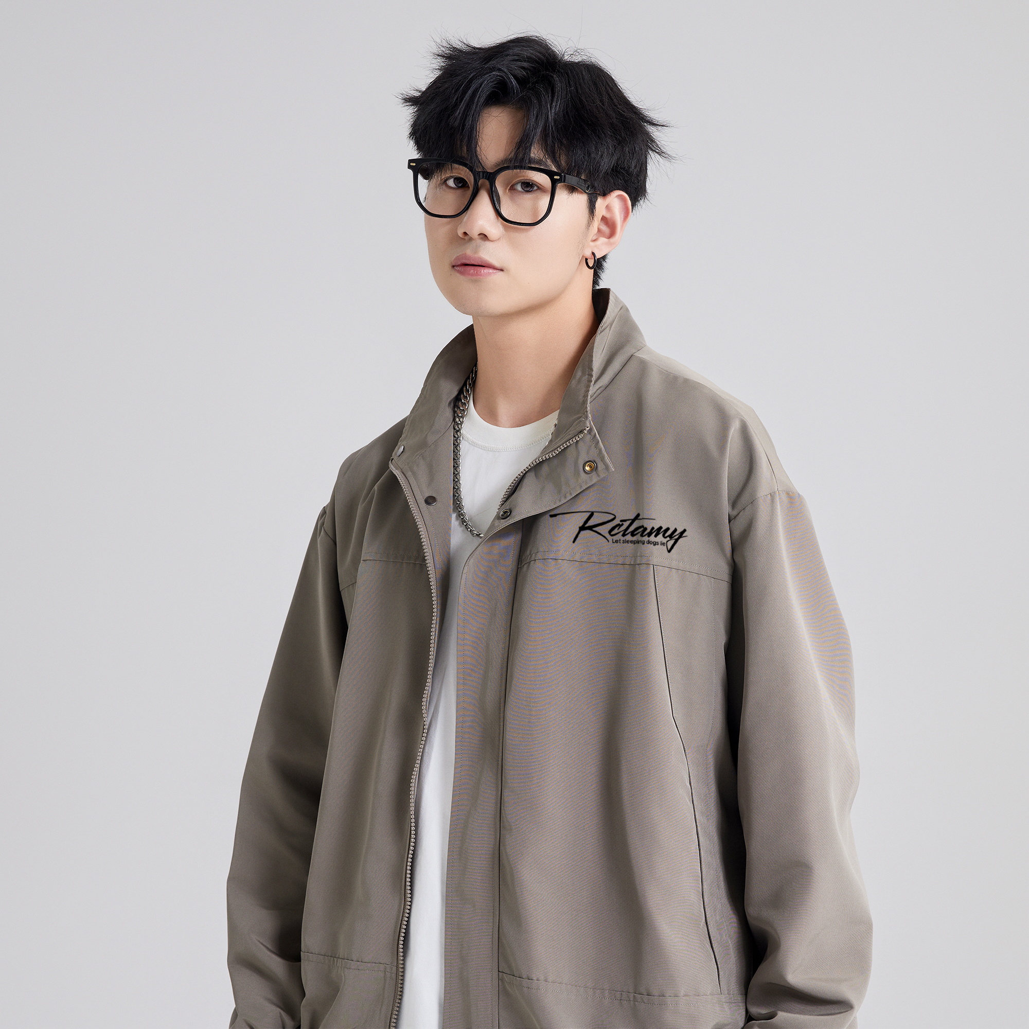 RCTAMY American retro college style brand letter logo print outdoor sports windproof zipper turnover collar breathable casual loose versatile long-sleeve pilot coach jacket unisex