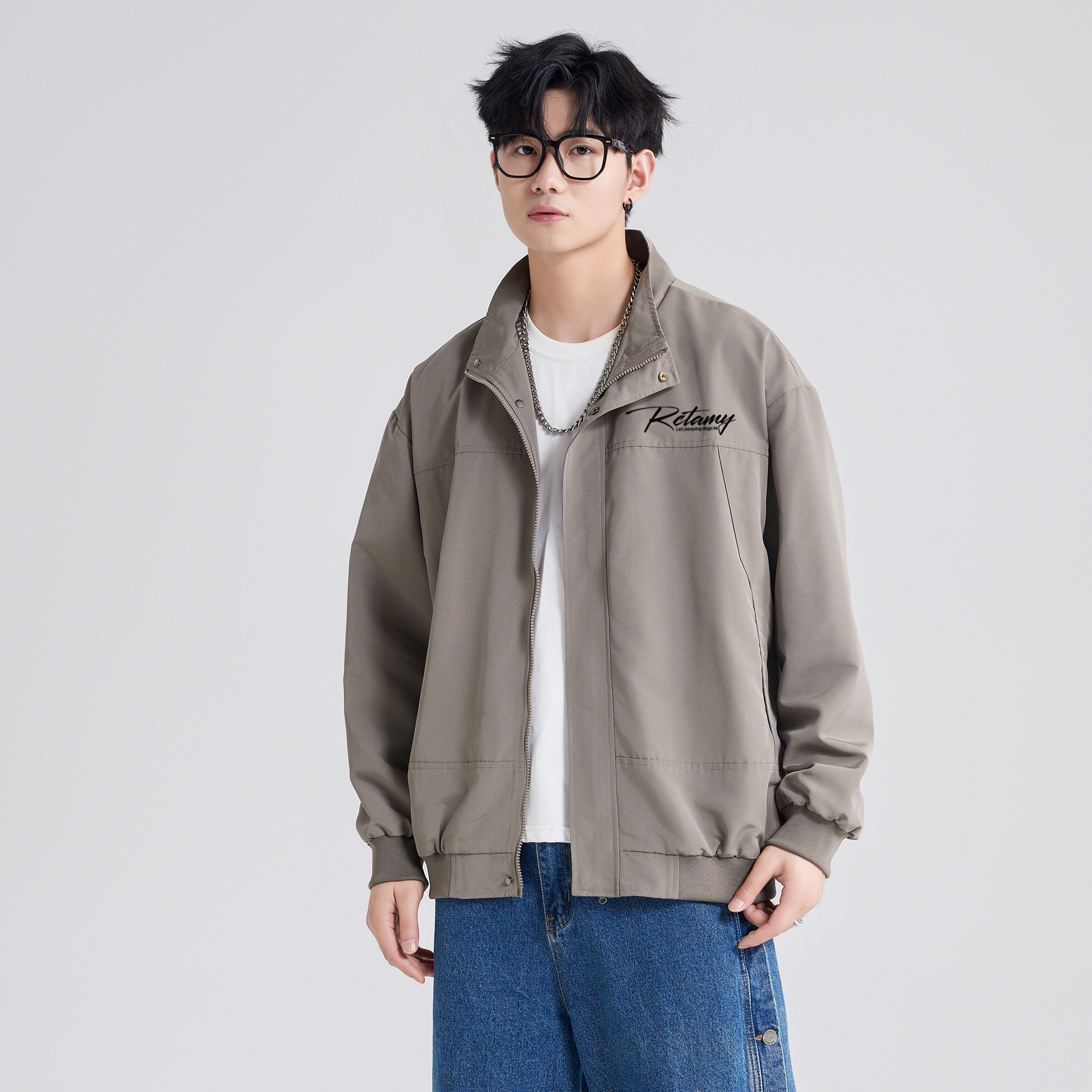 RCTAMY American retro college style brand letter logo print outdoor sports windproof zipper turnover collar breathable casual loose versatile long-sleeve pilot coach jacket unisex