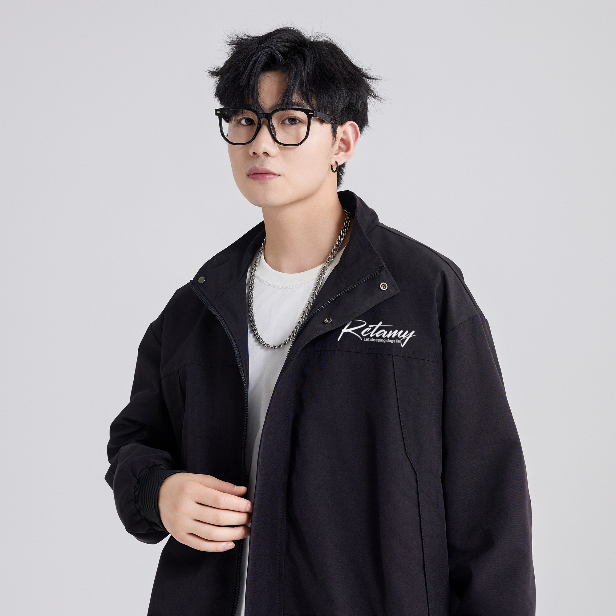 RCTAMY American retro college style brand letter logo print outdoor sports windproof zipper turnover collar breathable casual loose versatile long-sleeve pilot coach jacket unisex