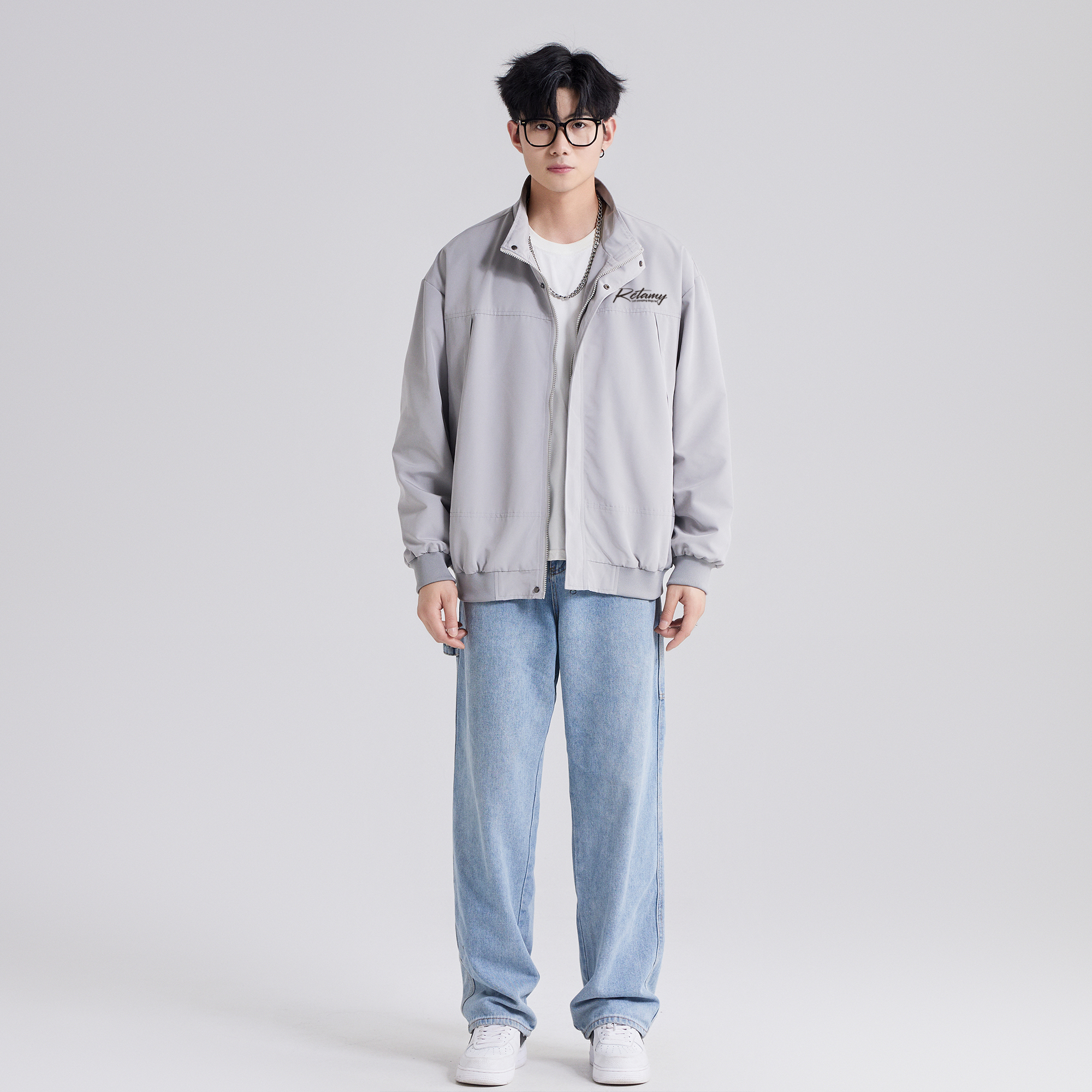 RCTAMY American retro college style brand letter logo print outdoor sports windproof zipper turnover collar breathable casual loose versatile long-sleeve pilot coach jacket unisex
