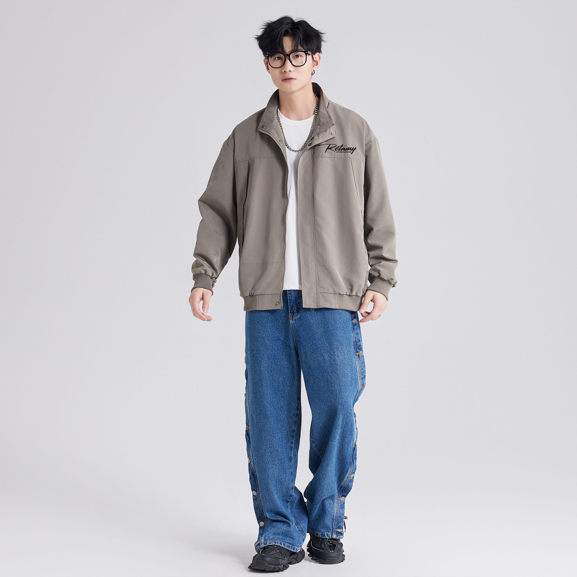 RCTAMY American retro college style brand letter logo print outdoor sports windproof zipper turnover collar breathable casual loose versatile long-sleeve pilot coach jacket unisex