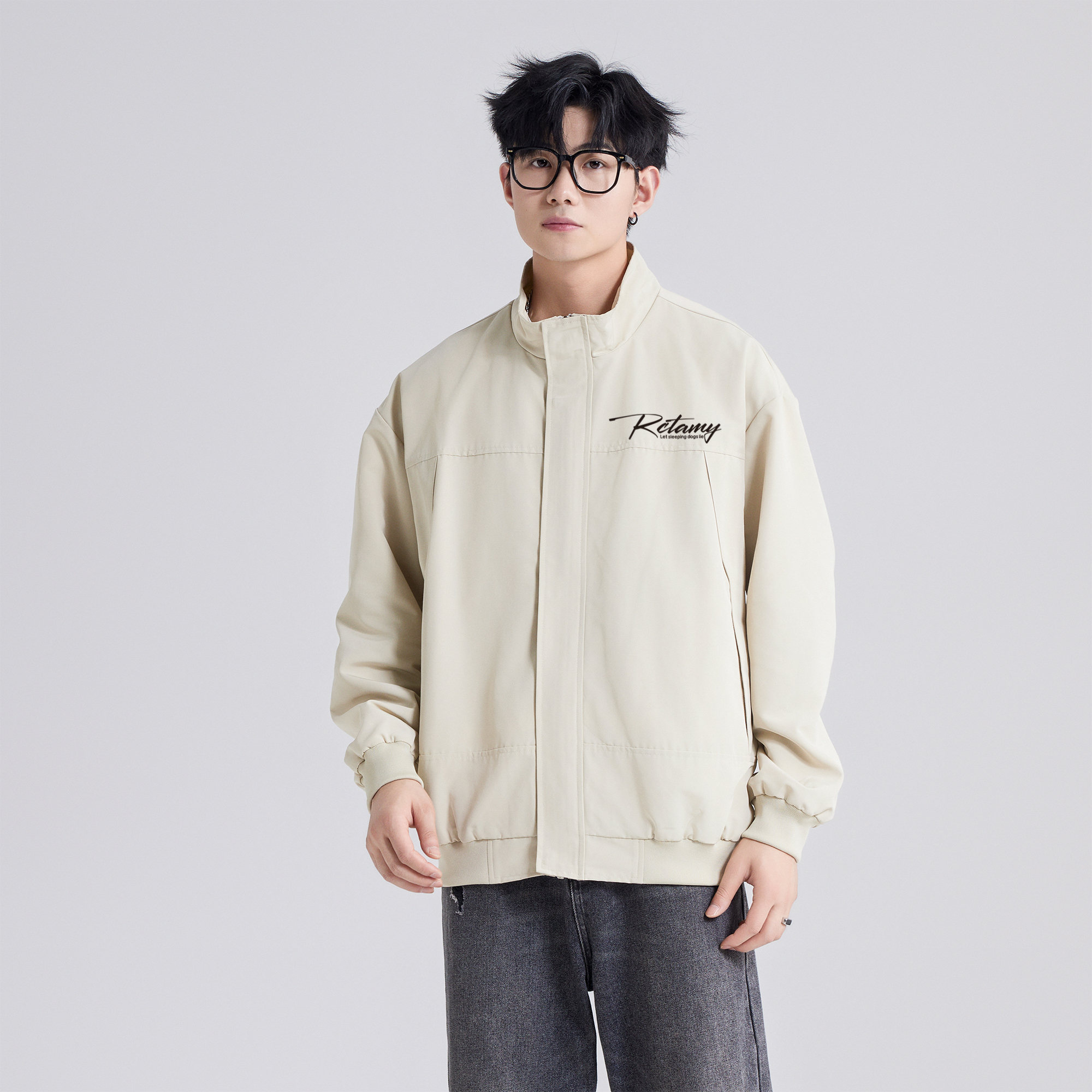 RCTAMY American retro college style brand letter logo print outdoor sports windproof zipper turnover collar breathable casual loose versatile long-sleeve pilot coach jacket unisex