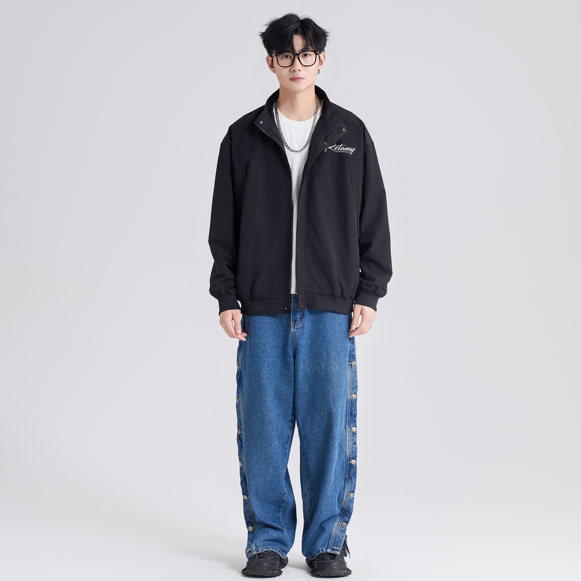 RCTAMY American retro college style brand letter logo print outdoor sports windproof zipper turnover collar breathable casual loose versatile long-sleeve pilot coach jacket unisex