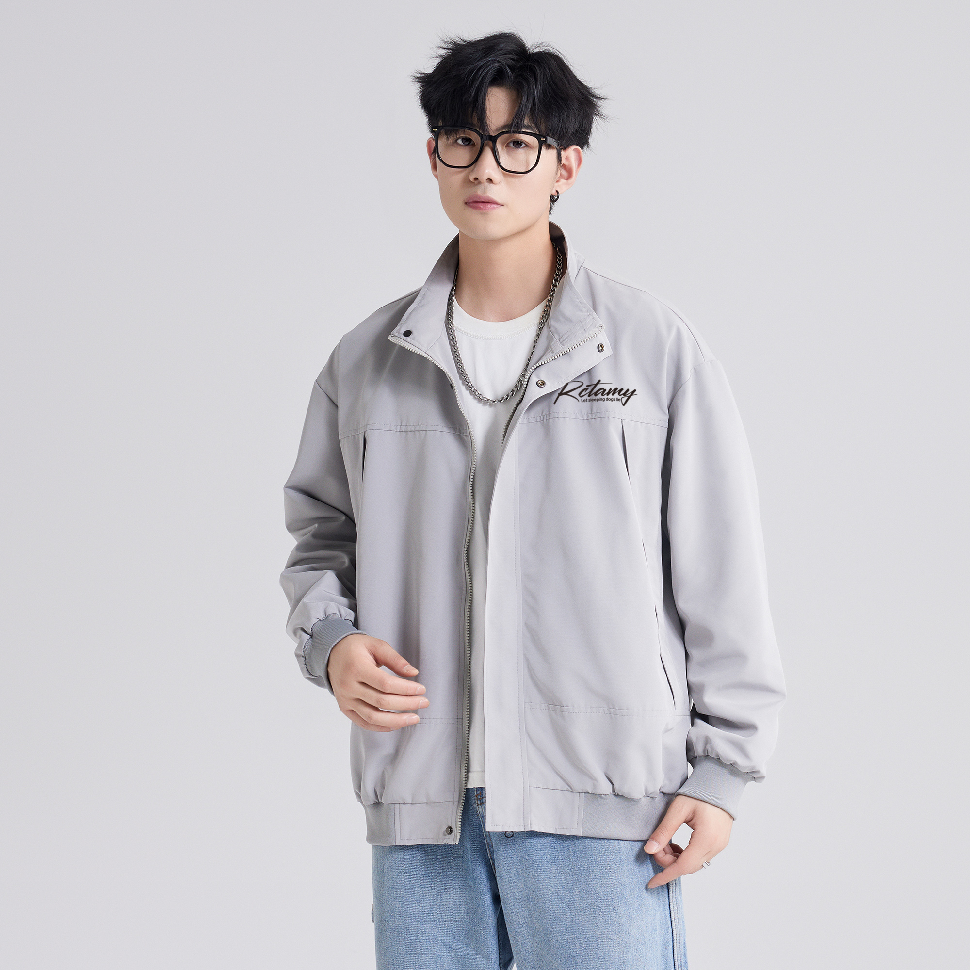 RCTAMY American retro college style brand letter logo print outdoor sports windproof zipper turnover collar breathable casual loose versatile long-sleeve pilot coach jacket unisex
