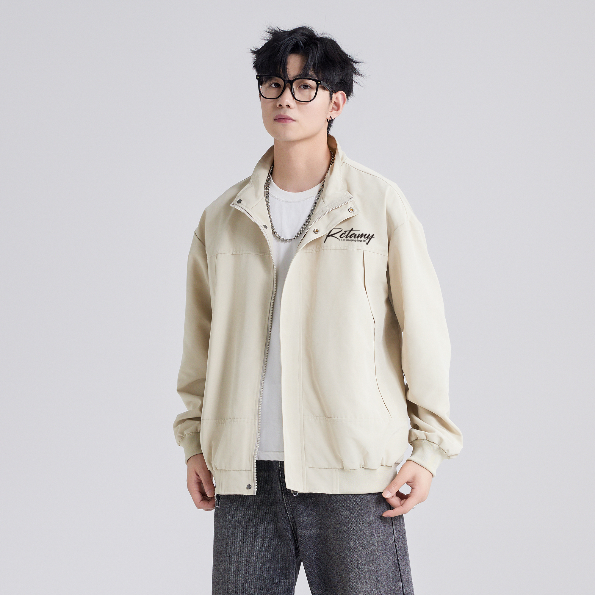 RCTAMY American retro college style brand letter logo print outdoor sports windproof zipper turnover collar breathable casual loose versatile long-sleeve pilot coach jacket unisex