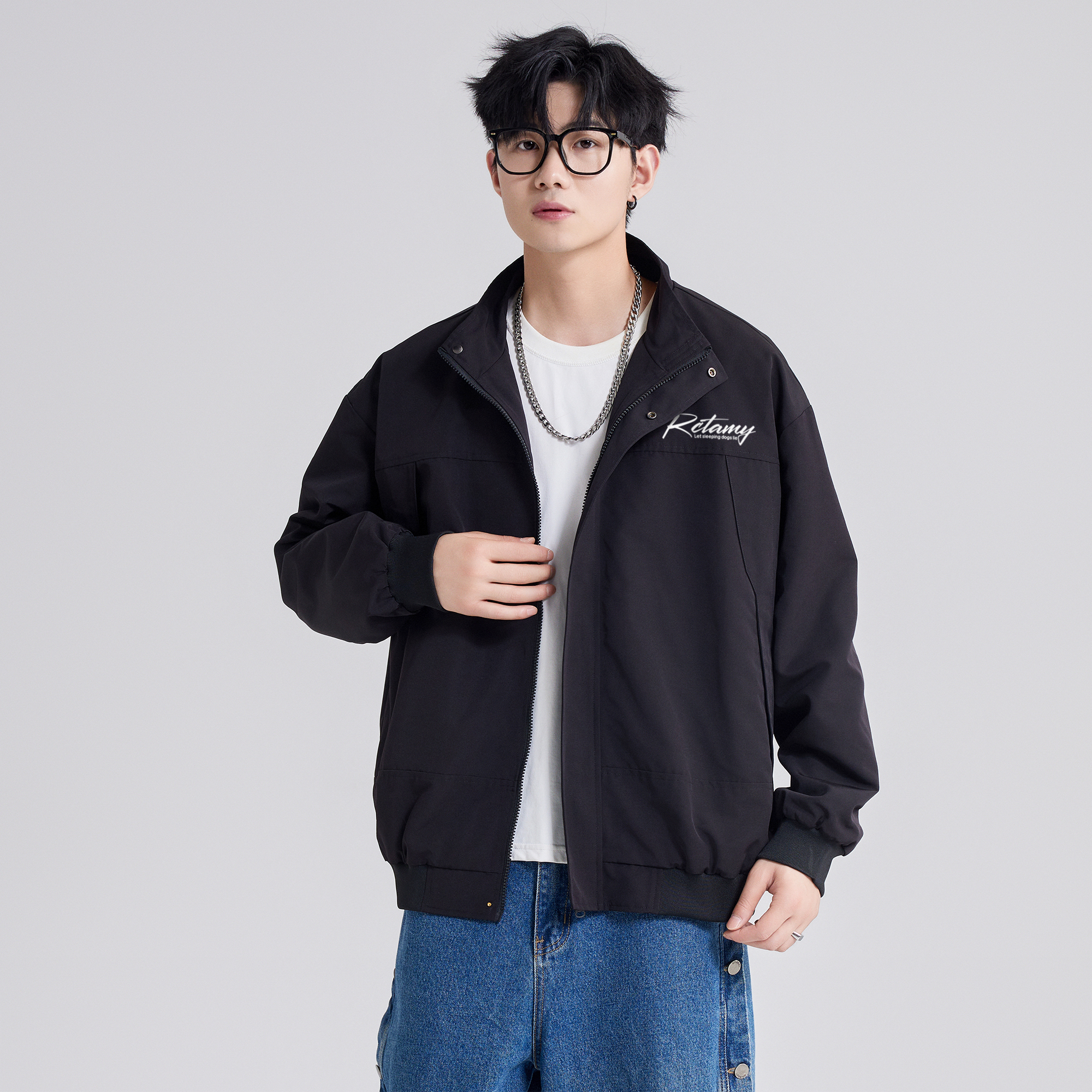 RCTAMY American retro college style brand letter logo print outdoor sports windproof zipper turnover collar breathable casual loose versatile long-sleeve pilot coach jacket unisex