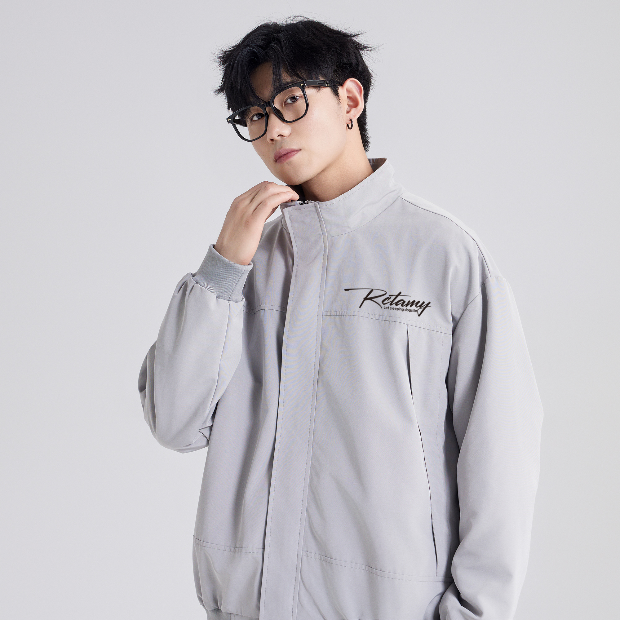 RCTAMY American retro college style brand letter logo print outdoor sports windproof zipper turnover collar breathable casual loose versatile long-sleeve pilot coach jacket unisex
