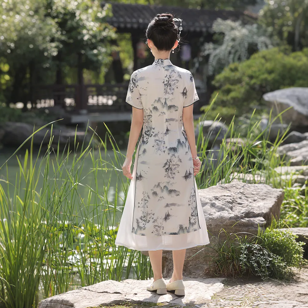 ENEESSI Cheongsam Women's White Landscape Painting