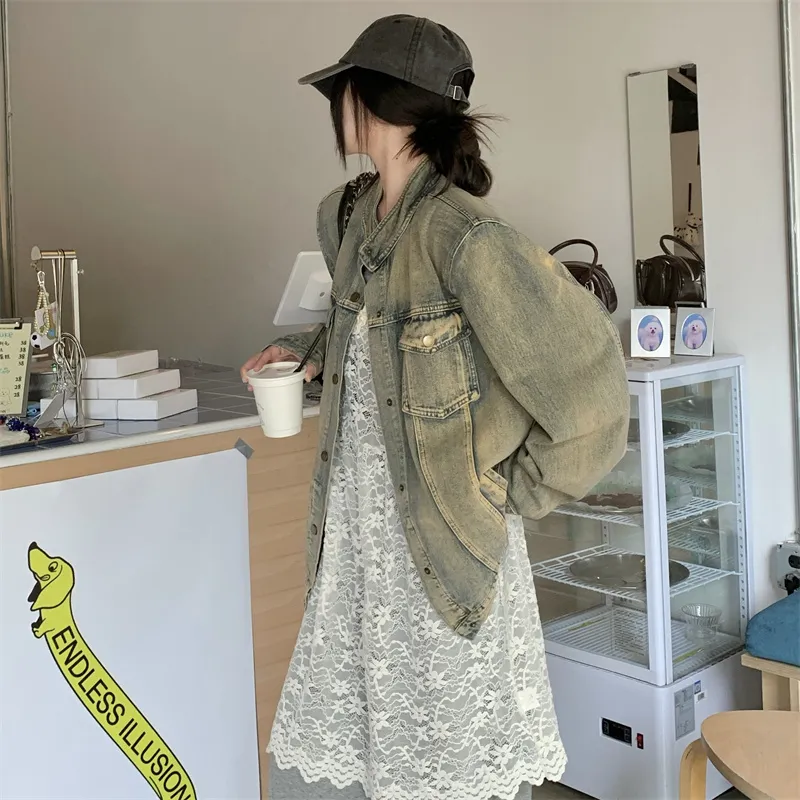 PLANE DRIFT Denim Jacket Women's Distressed Color