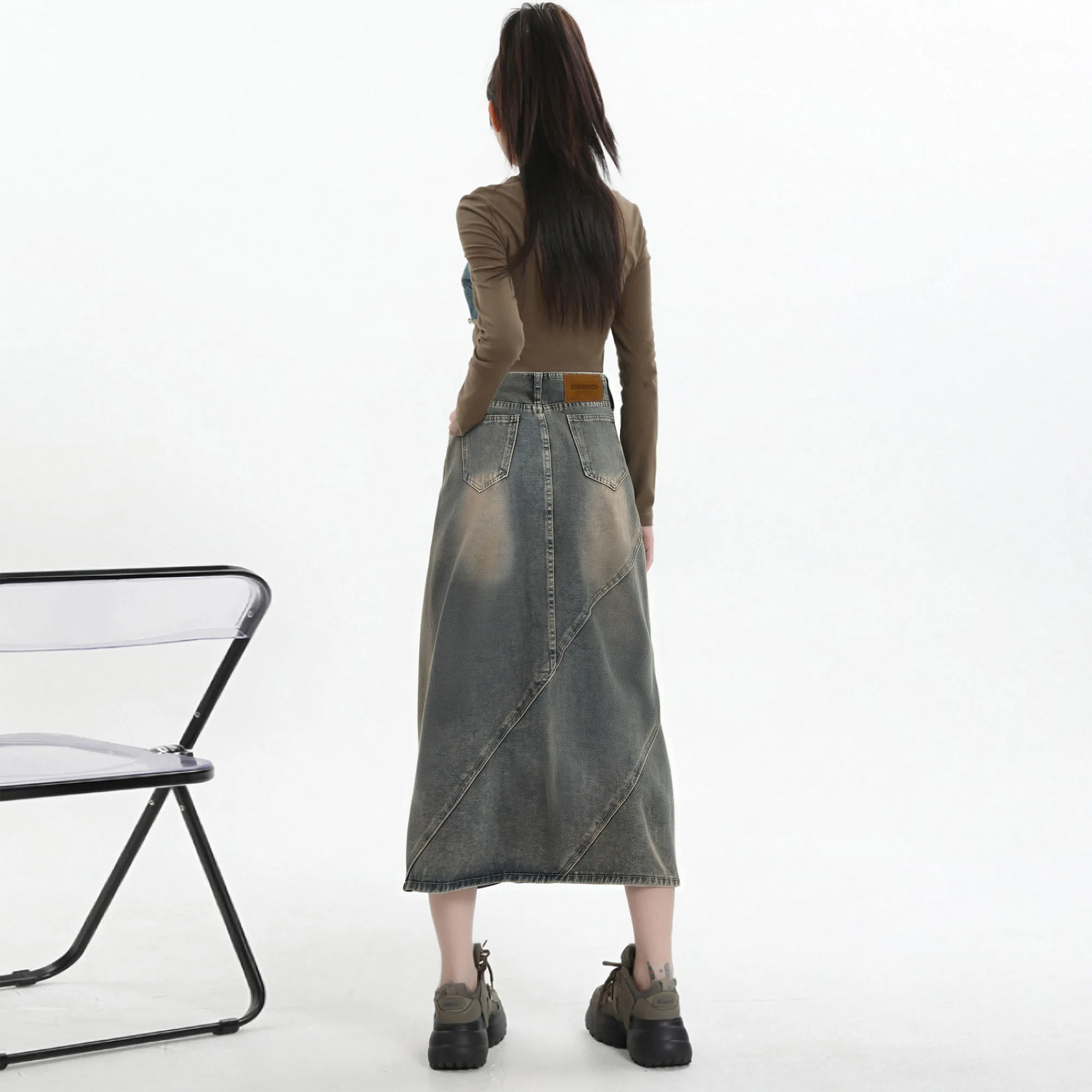 ROBINHOOD Denim Long Skirts Women's Vintage Blue