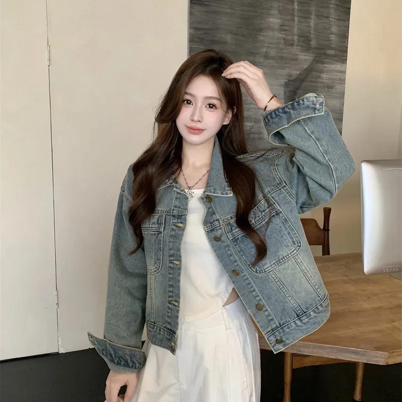 TUSHIFEI Denim Jacket Women's Blue+Hair Tie Comes With
