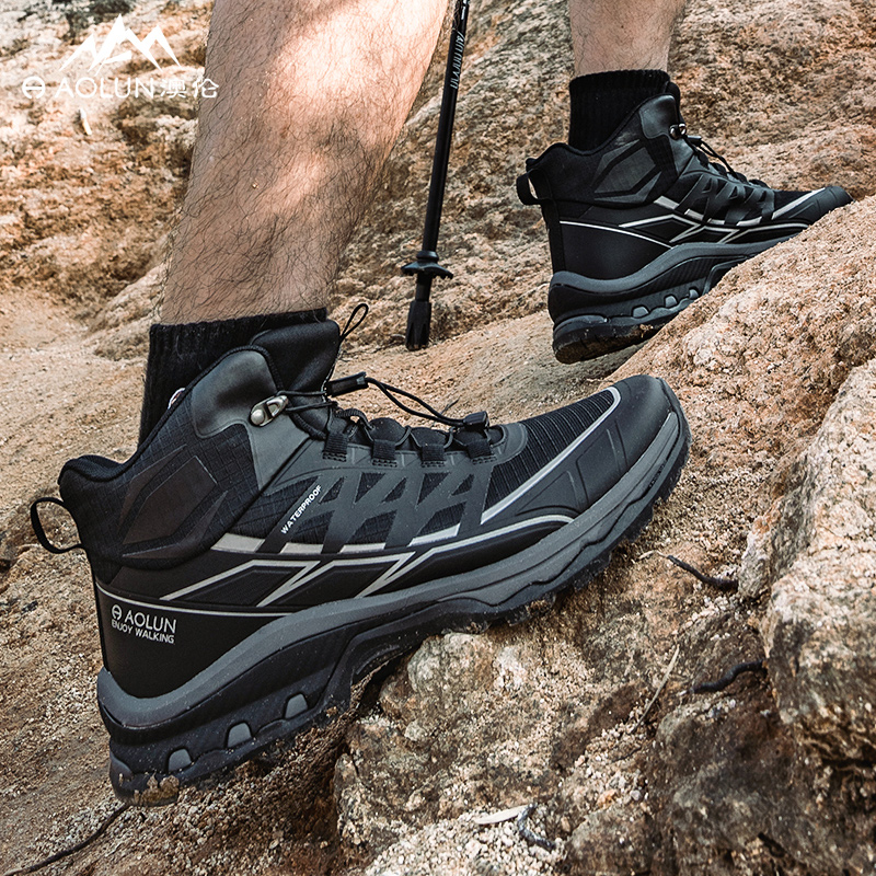 AOLUN Fabric Slip Resistant, Abrasion Resistant, Waterproof Mid top Mountaineering Shoes Men’s Black