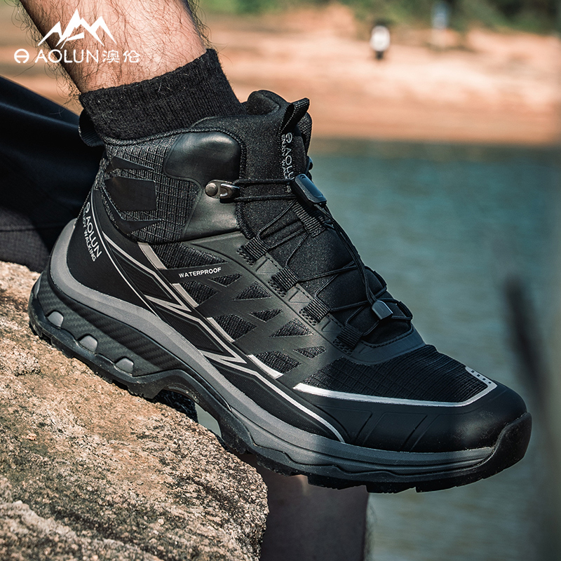 AOLUN Fabric Slip Resistant, Abrasion Resistant, Waterproof Mid top Mountaineering Shoes Men’s Black