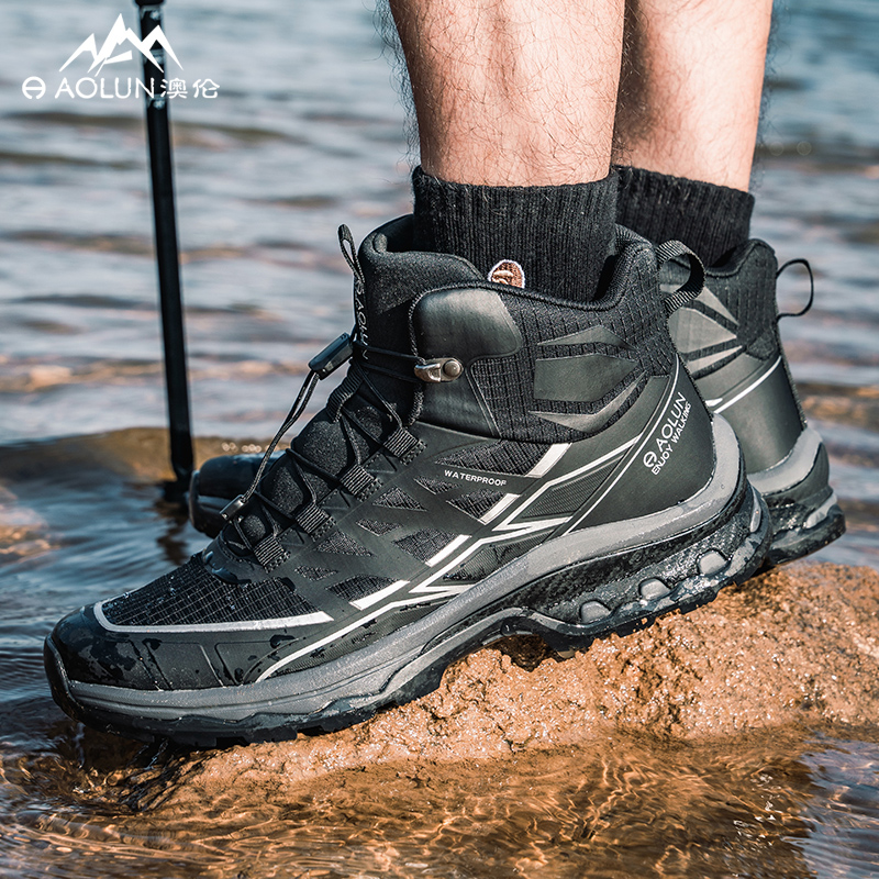 AOLUN Fabric Slip Resistant, Abrasion Resistant, Waterproof Mid top Mountaineering Shoes Men’s Black