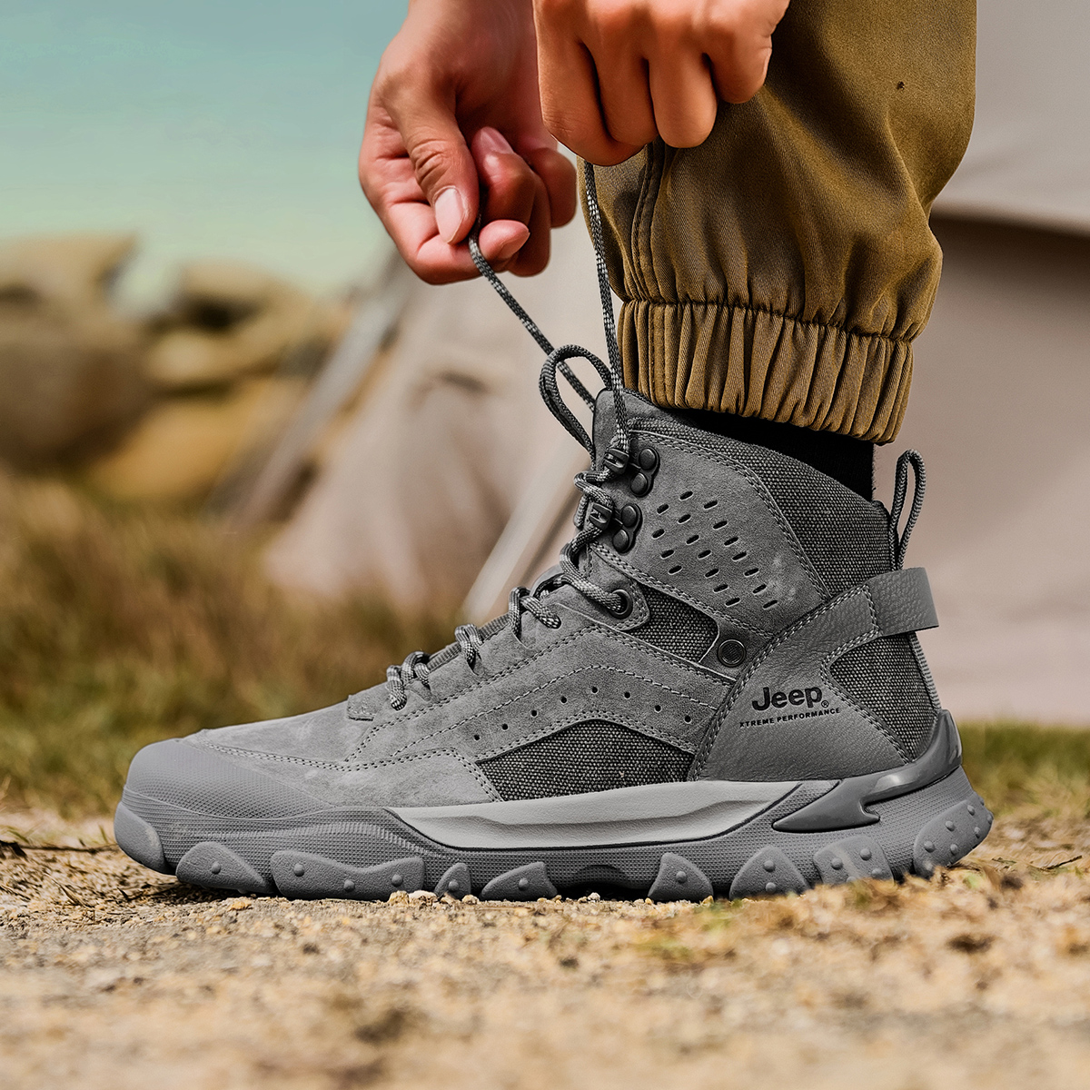 Jeep Textile, Pigskin High top Mountaineering Shoes Men’s Gray