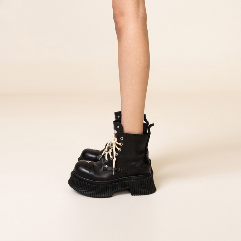 SMFK Cow Leather Short Combat Boots 5.5cm Women's Black