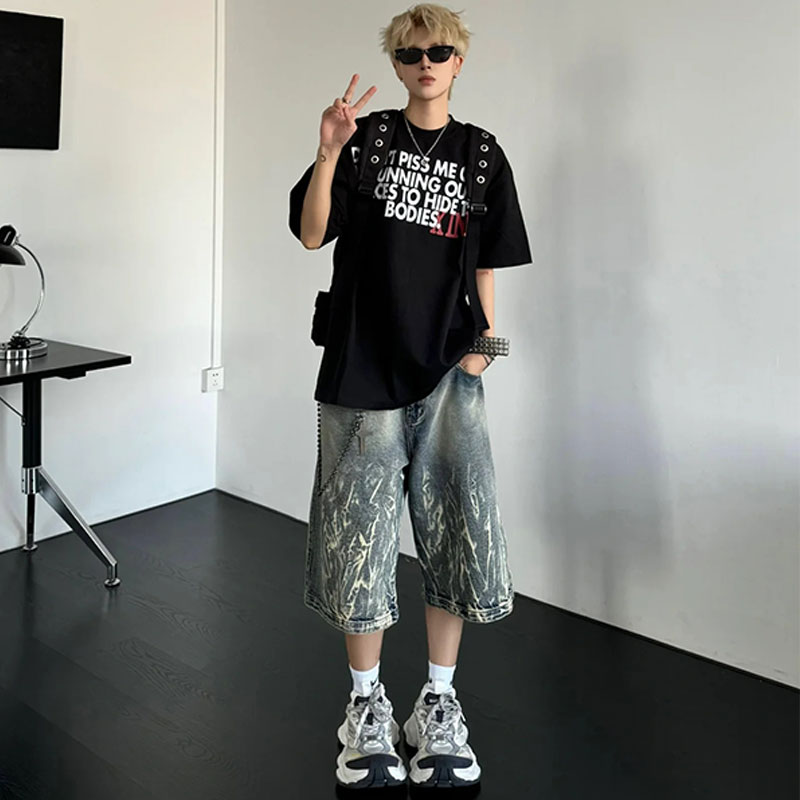 MORii Island Store flame pattern cropped pants, American high street vintage distressed washed straight loose denim shorts, unisex