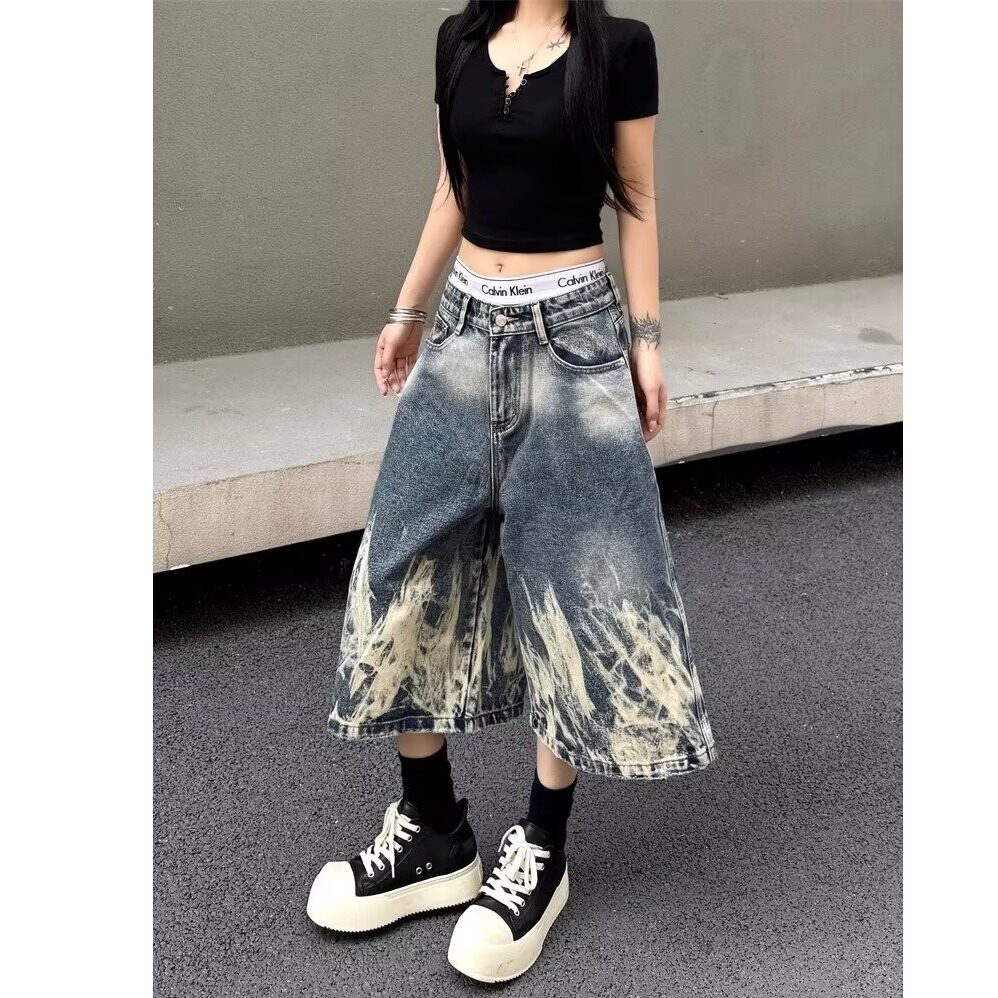 MORii Island Store flame pattern cropped pants, American high street vintage distressed washed straight loose denim shorts, unisex